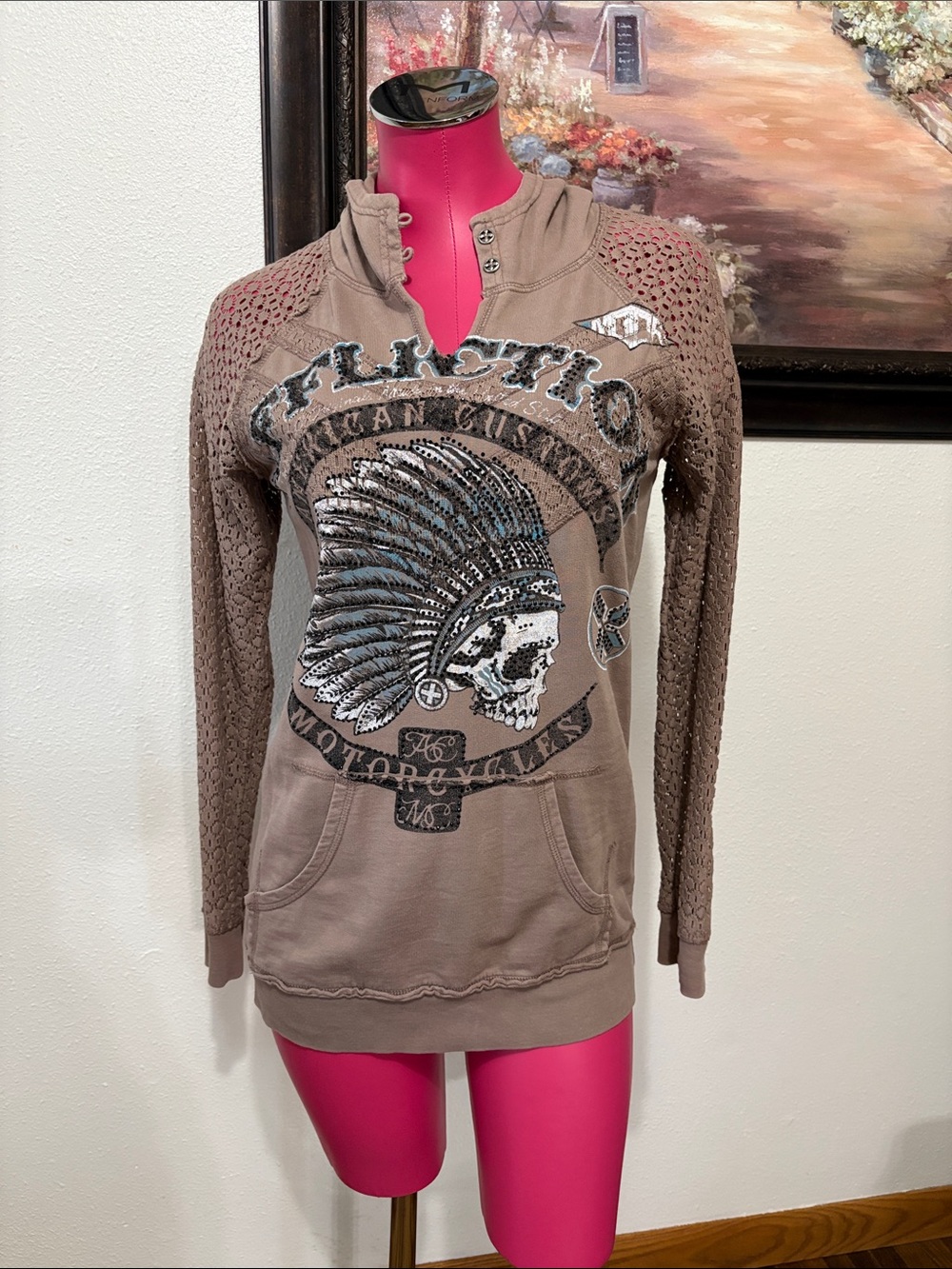 Affliction American Customs Hoodie Sweatshirt Indian Skull Lace Embellished S